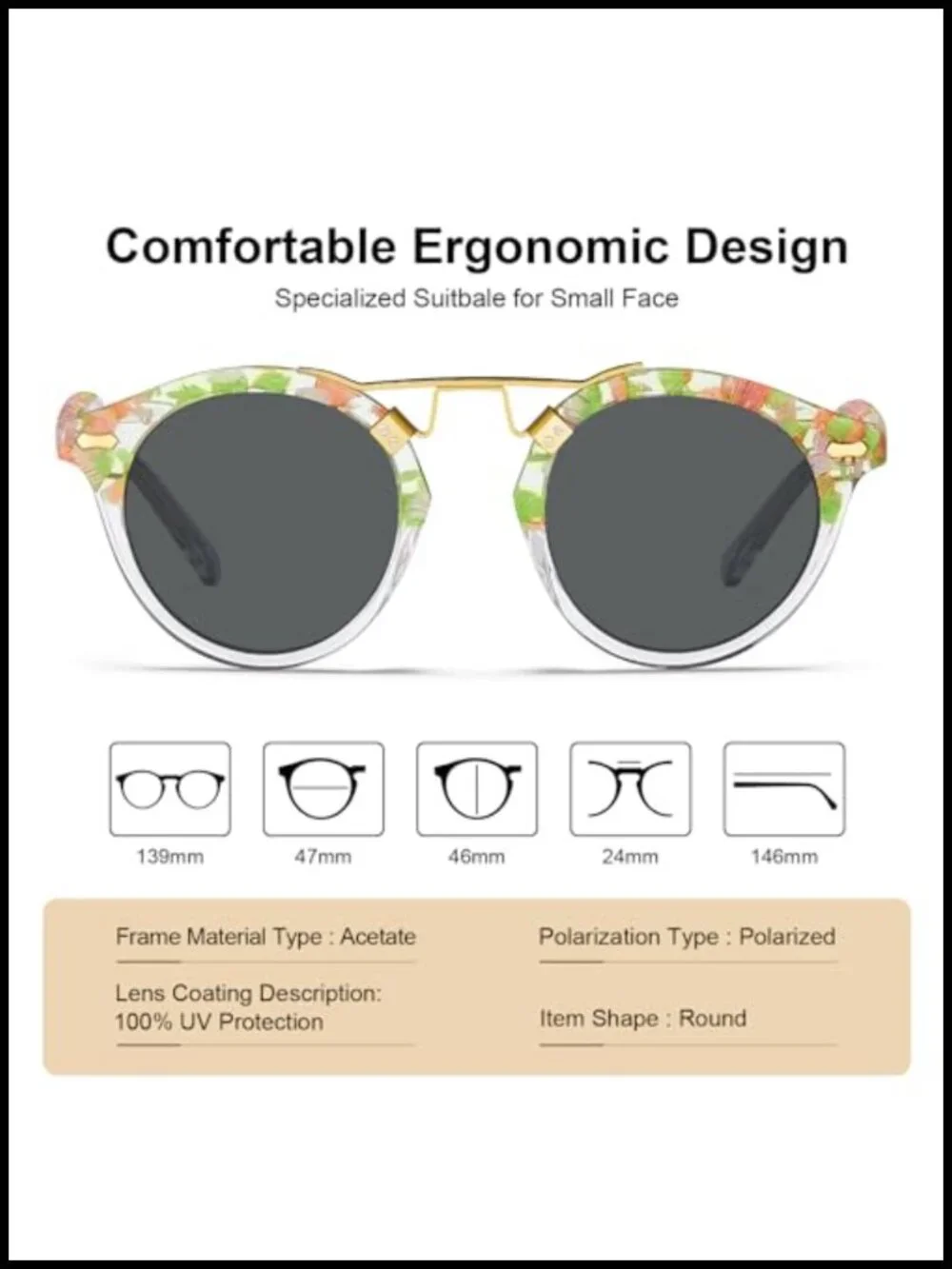 Vintage Retro Round Acetate Sunglasses with Metal Brow Polarized UV Protection